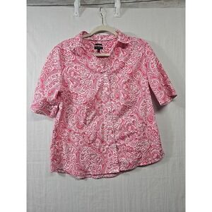 Talbots Non Iron Red White Paisley Short Sleeve Button Up Top Blouse‎ Size 12